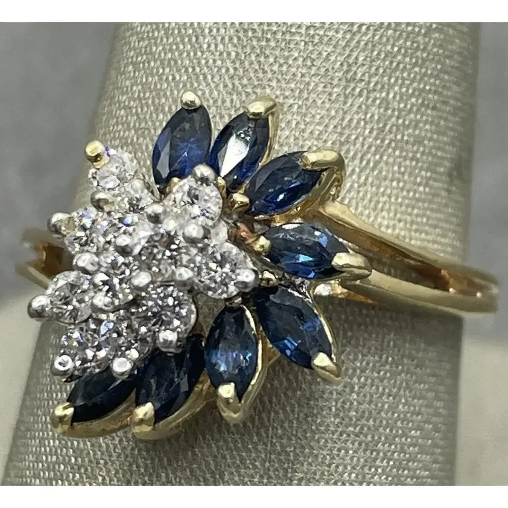 14K Yellow Gold Diamond & Blue Stone Cluster Wave Ring (21886)